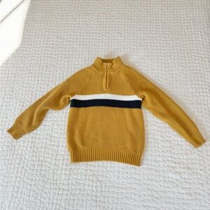 Mustard Half-Zip Knit Sweater with Navy & White Stripe